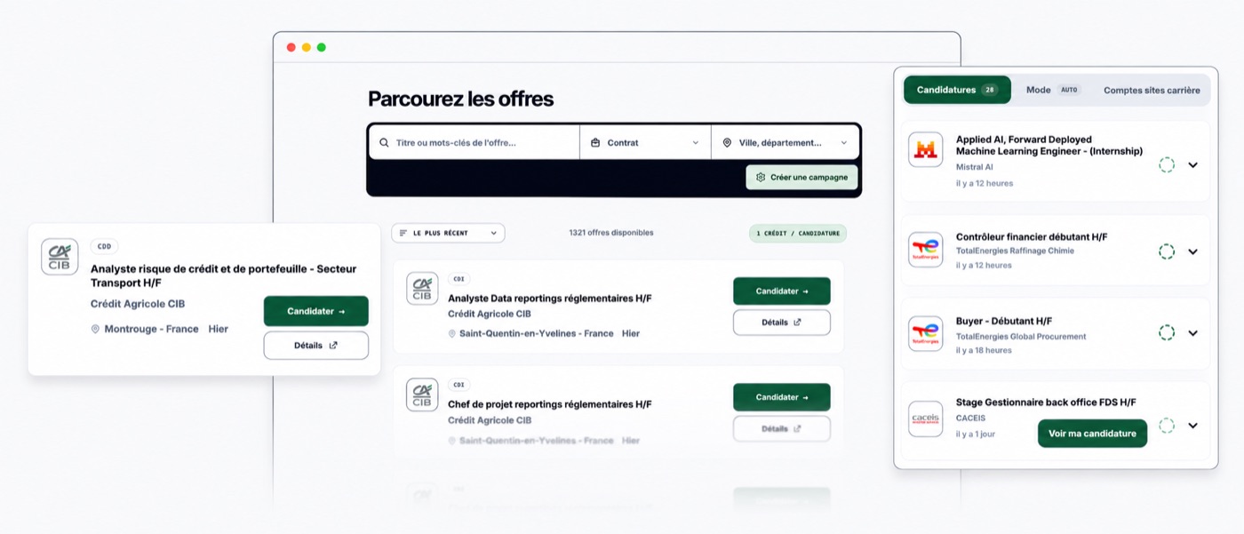 Aperçu de Screeningpass : recherche d’offres, candidature et message personnalisé