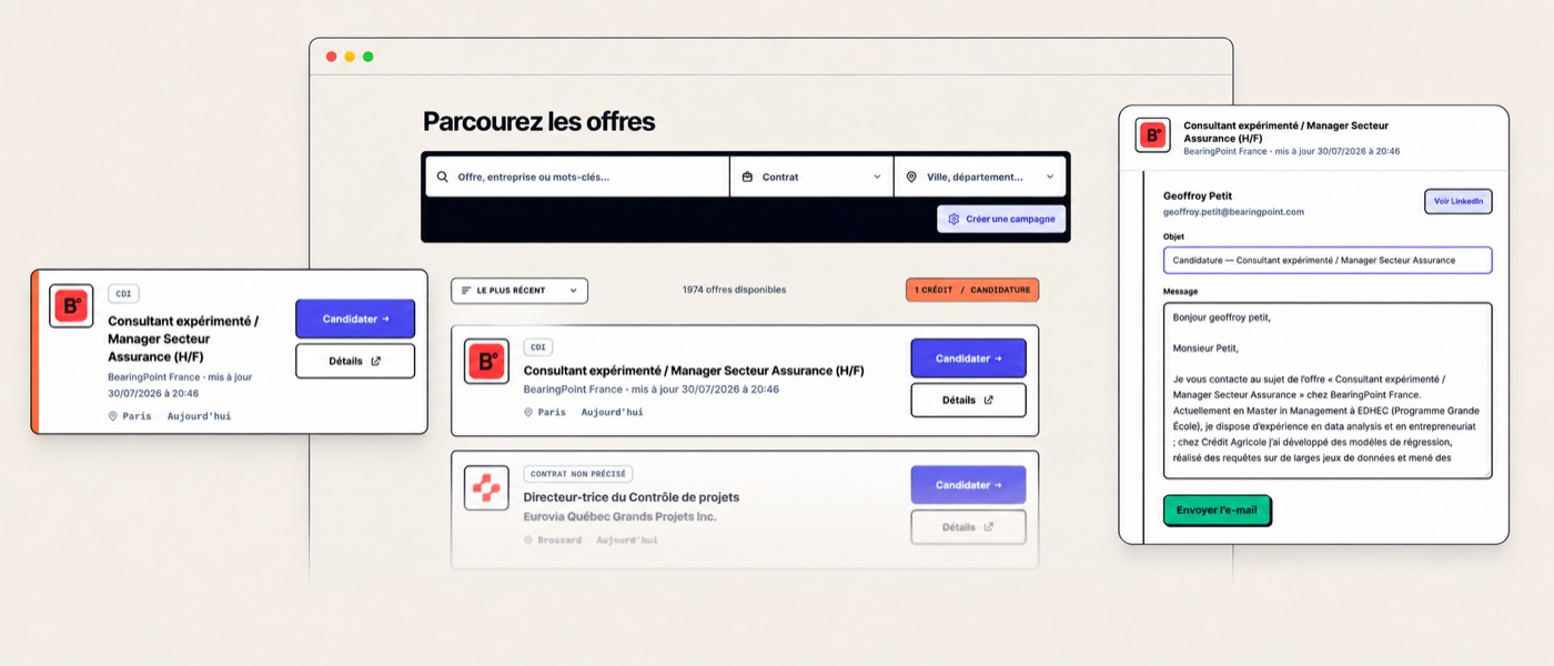 Aperçu de ScreeningPass : recherche d’offres, candidature et message personnalisé